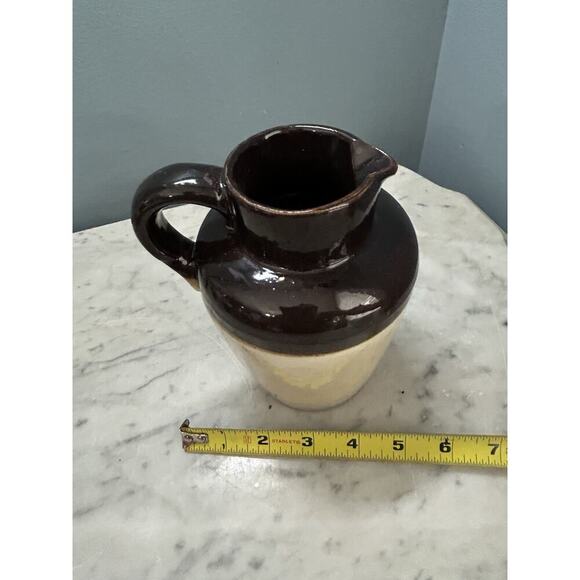 Vintage Stoneware Syrup Pitcher Jug Brown Tan Two Tone 6" Tall Vase Cottage Core - Picture 5 of 13